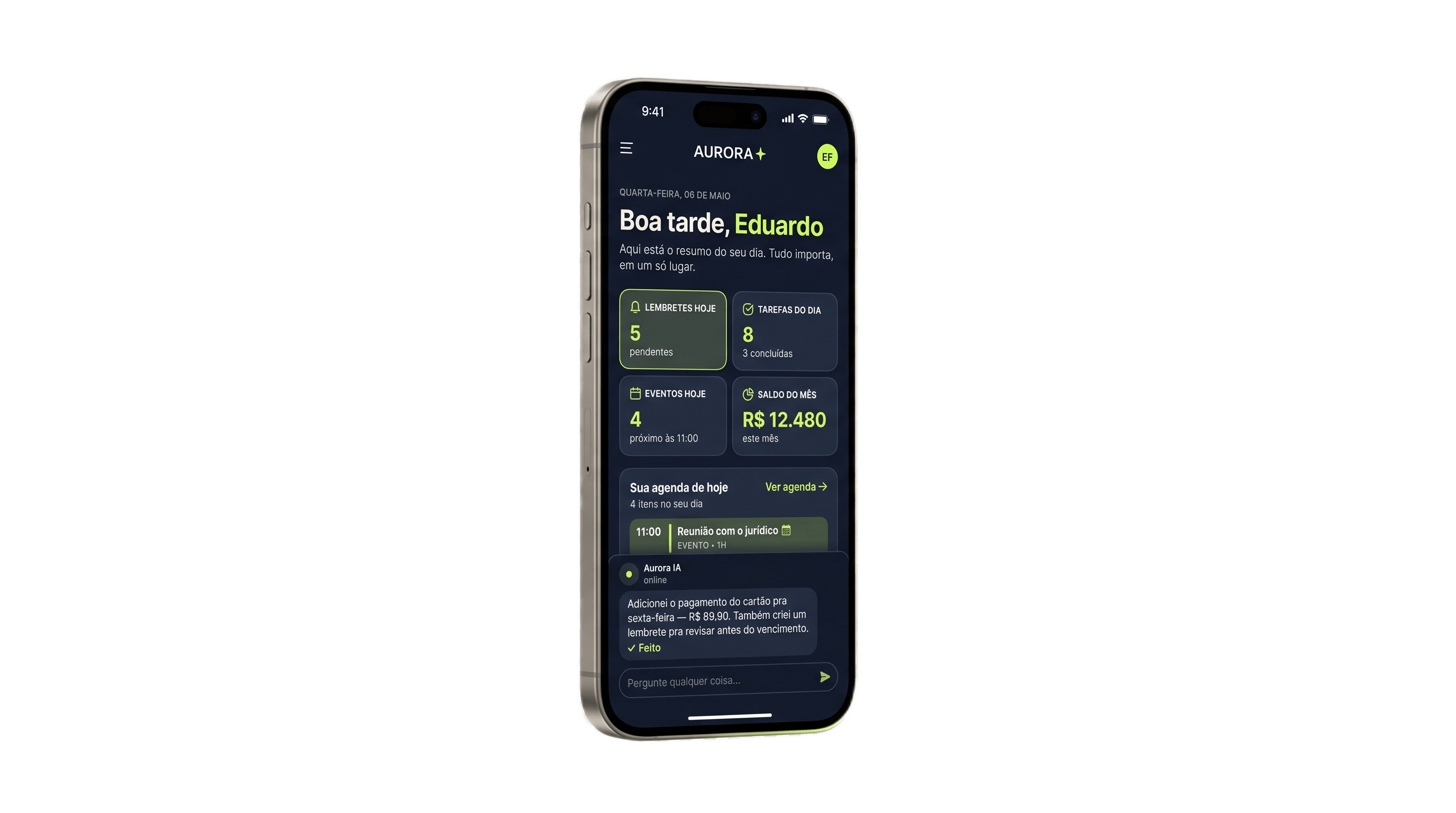 Aurora no celular — agenda, lembretes, finanças e chat de IA