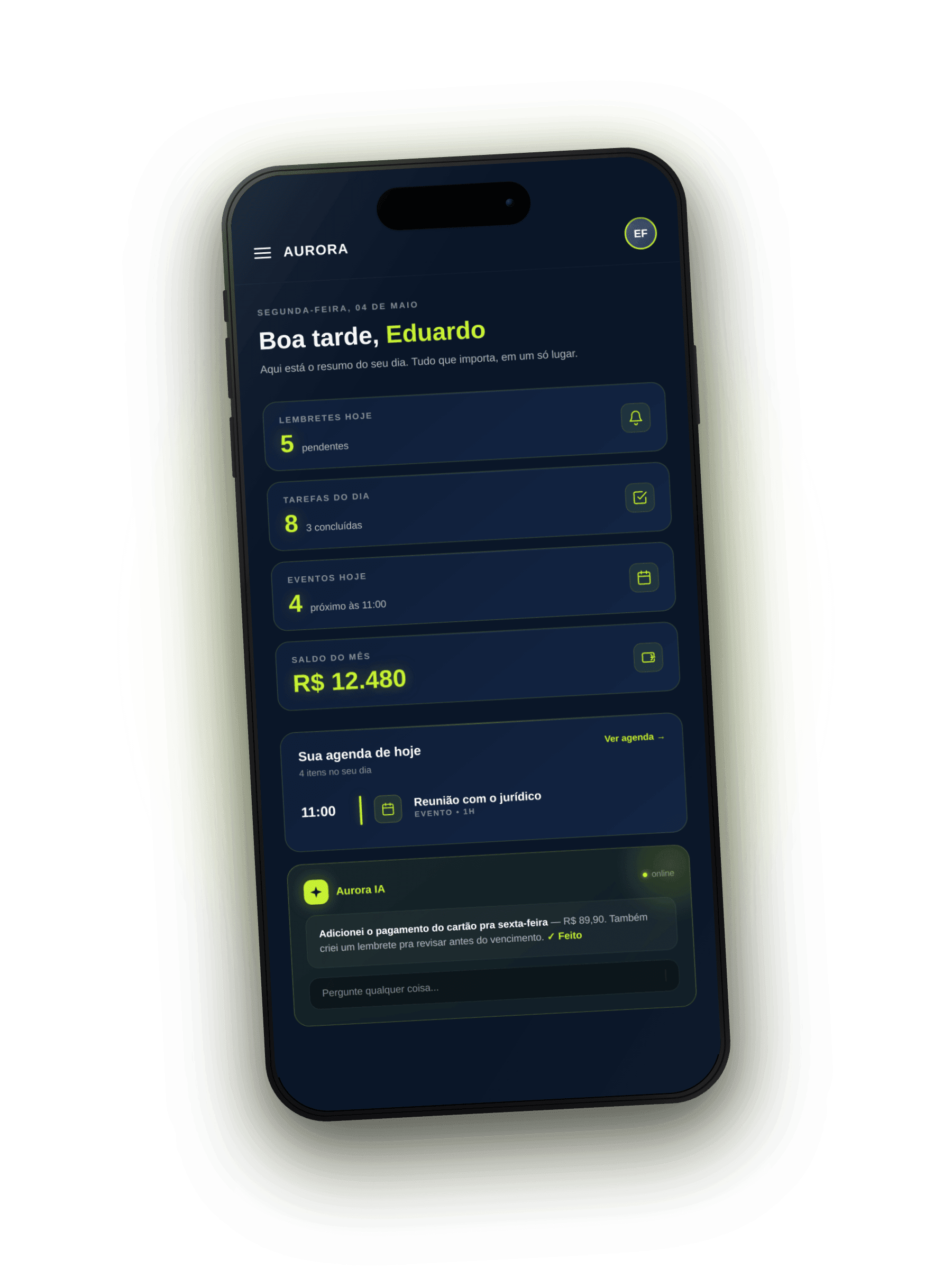 Aurora no celular — agenda, lembretes, finanças e chat de IA
